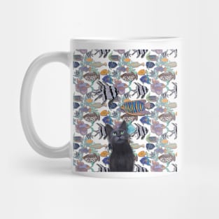 Black cat watching a fish tank Mug